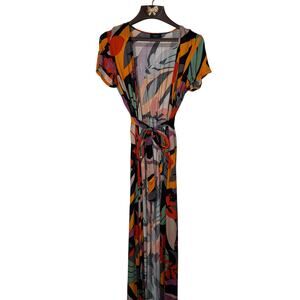 VICI Boho Maxi Open Front Dress Colorful Abstract Wrap Tie Waist Cover Up Kimono